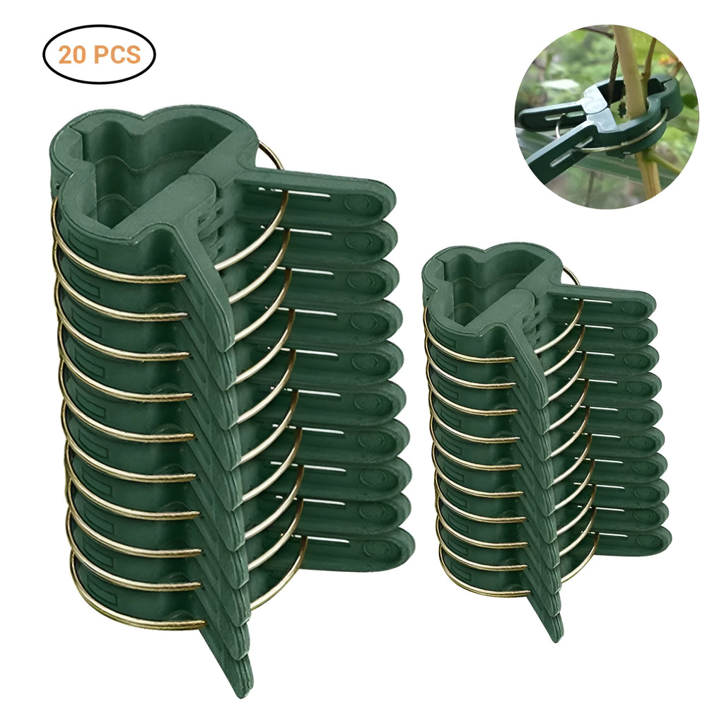 Green plastic and zinc plant fixing clips for supporting climbing beans and tomatoes.