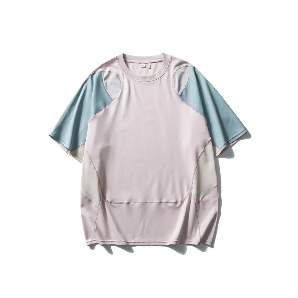 Men's loose blue patchwork sports t-shirt with short raglan sleeves on a mannequin