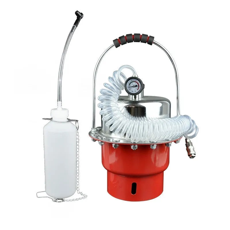 Pneumatic brake fluid replacement machine with pressure gauge and large fluid tank for automotive workshop use.