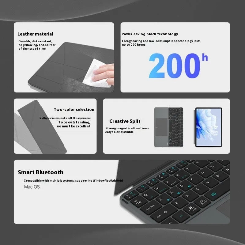 Grey wireless Bluetooth folding keyboard in closed and open positions for mobile phones and tablets