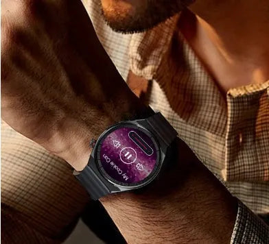Smartwatch with 1.39 inch glass screen, black shell, black silicone strap, showing step counter screen