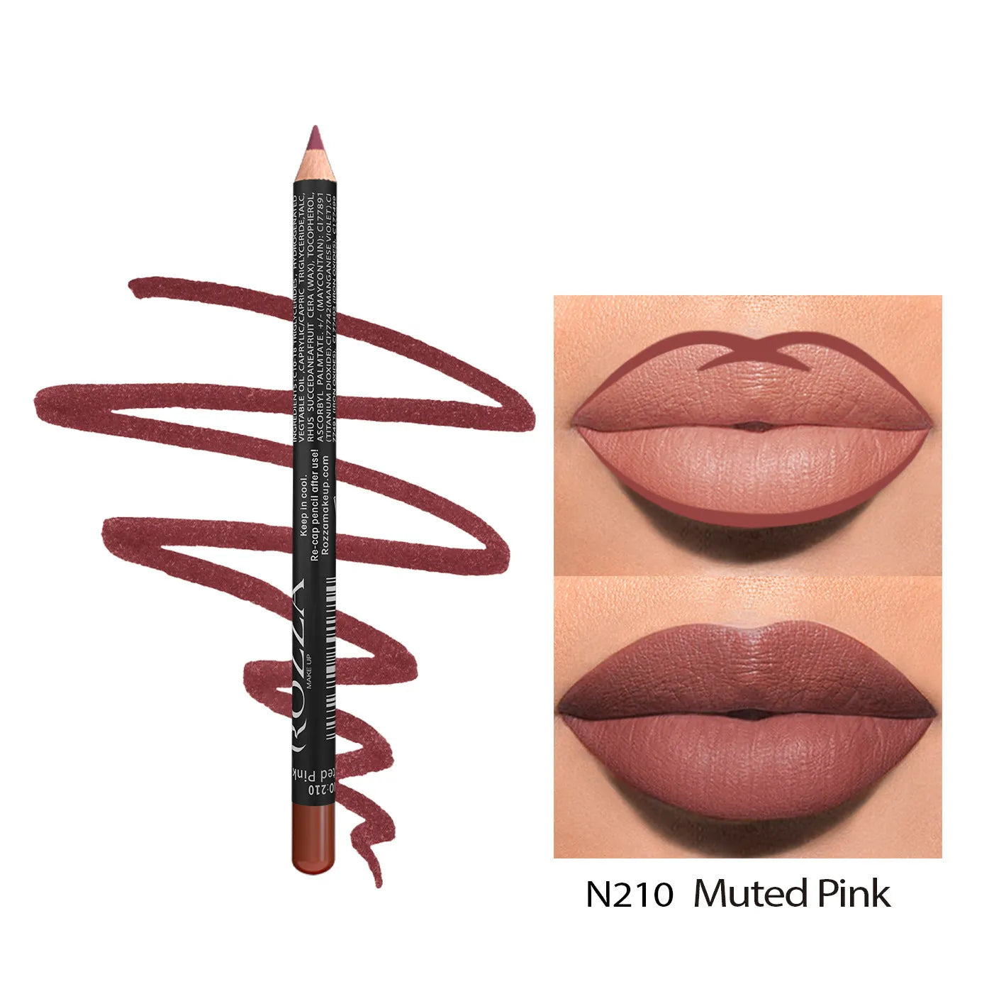 Matte finish lip liner pencil in wood casing with colour options 201 to 214 for 24-hour wear