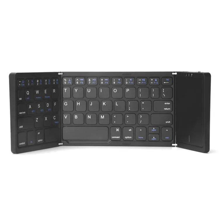 Three folding wireless Bluetooth keyboard with touch pad in black, 30.4 cm wide, folded position
