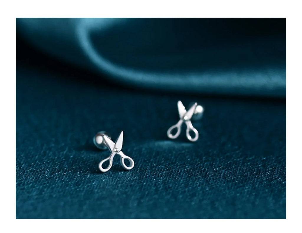 S999 pure silver screw style ear nails with miniature scissors design motif