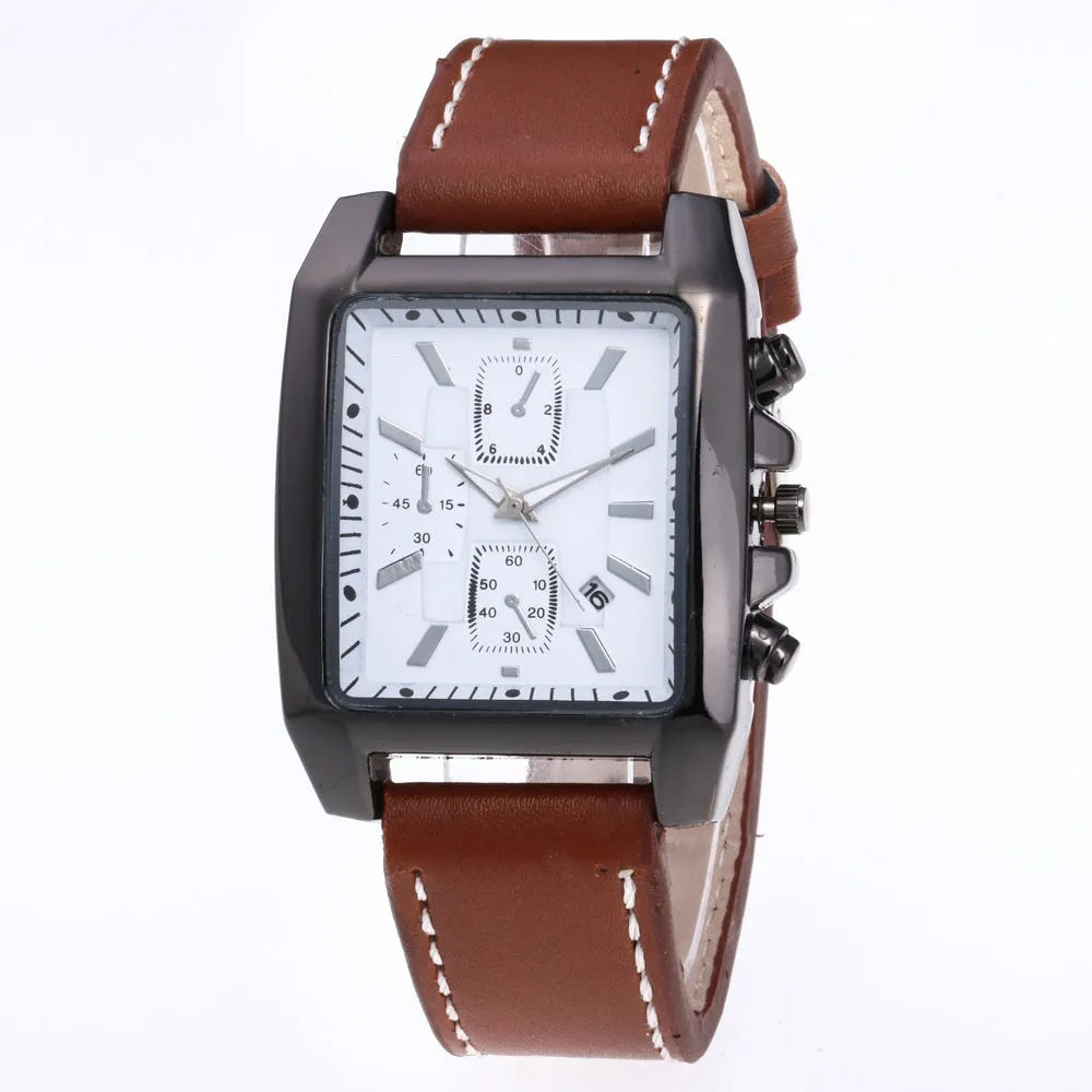 Men's quartz analogue watch with leather band and metal case, easy to read dial