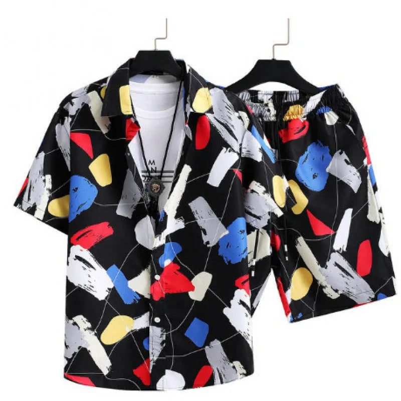 Men's light blue digital print short sleeve cardigan and matching shorts casual suit set