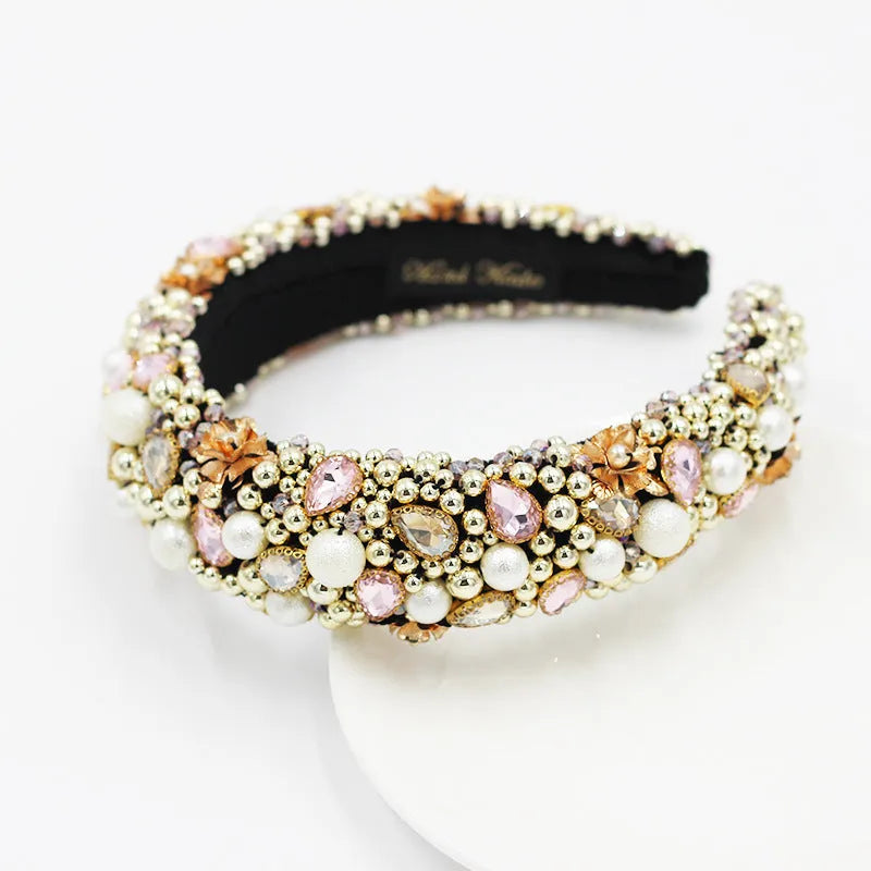 Gold-plated baroque headband with plaid bow and European American styling, gold colour