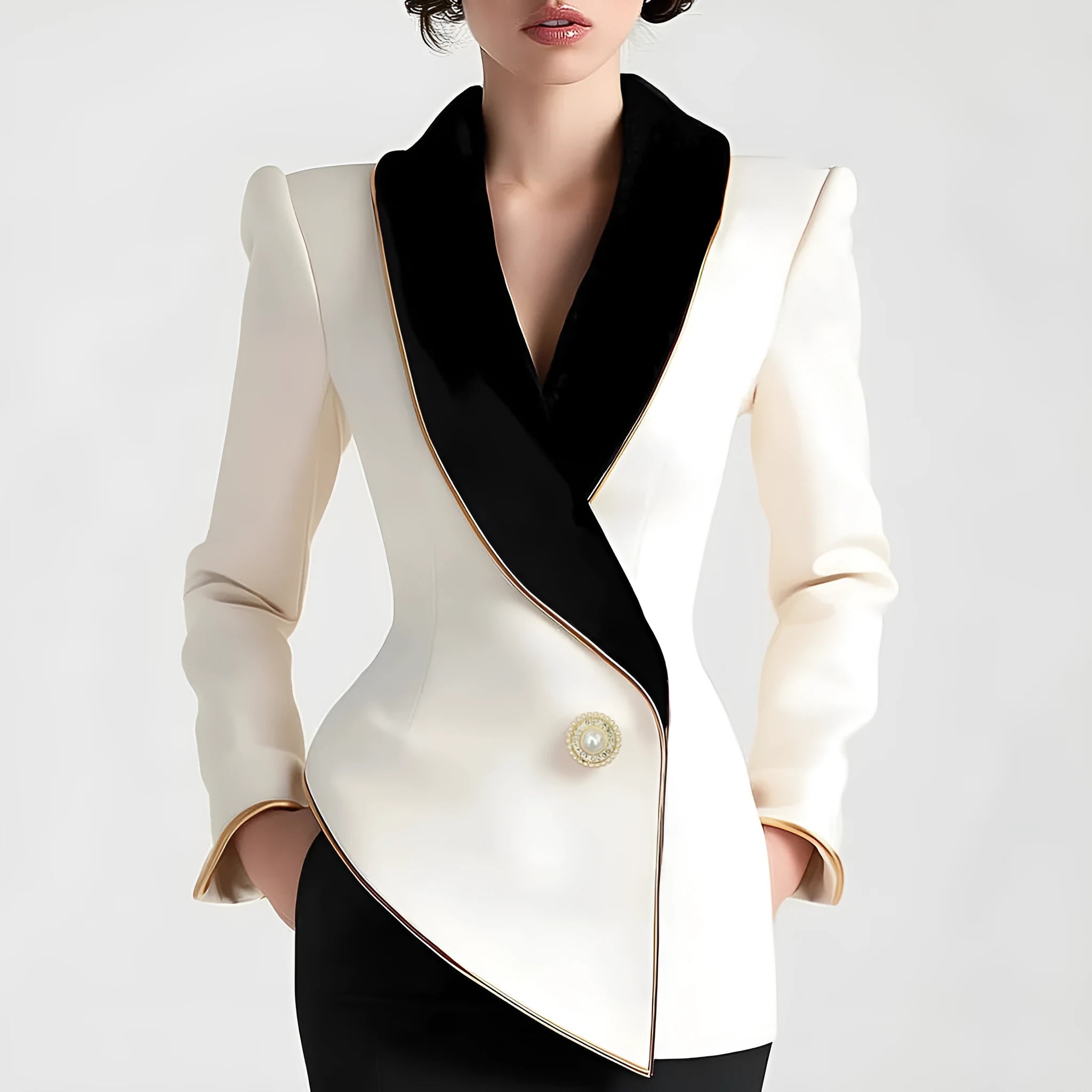 Beige women's irregular design long sleeve coat with golden edge pearl buttons on the front.