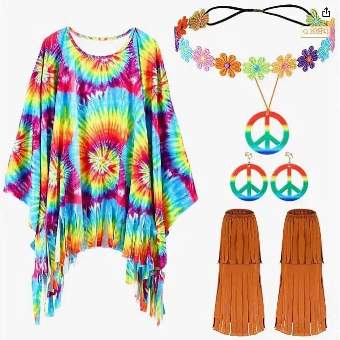 Tie dye spandex cloak costume with bell sleeves in rainbow colours for Halloween parties