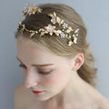 Handmade asymmetric bridal crown in Kc Gold with imitation pearl and rhinestone details