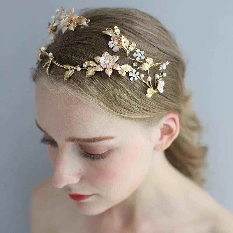 Handmade asymmetric bridal crown in Kc Gold with imitation pearl and rhinestone details