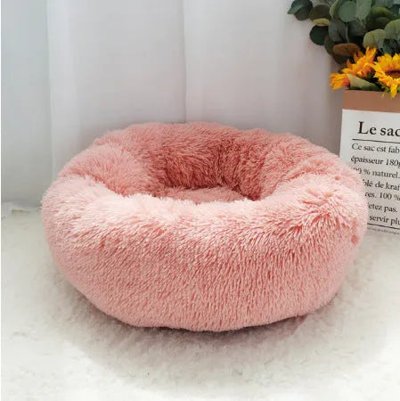 Round PV plush pet bed with raised rim in khaki colour for dogs and cats