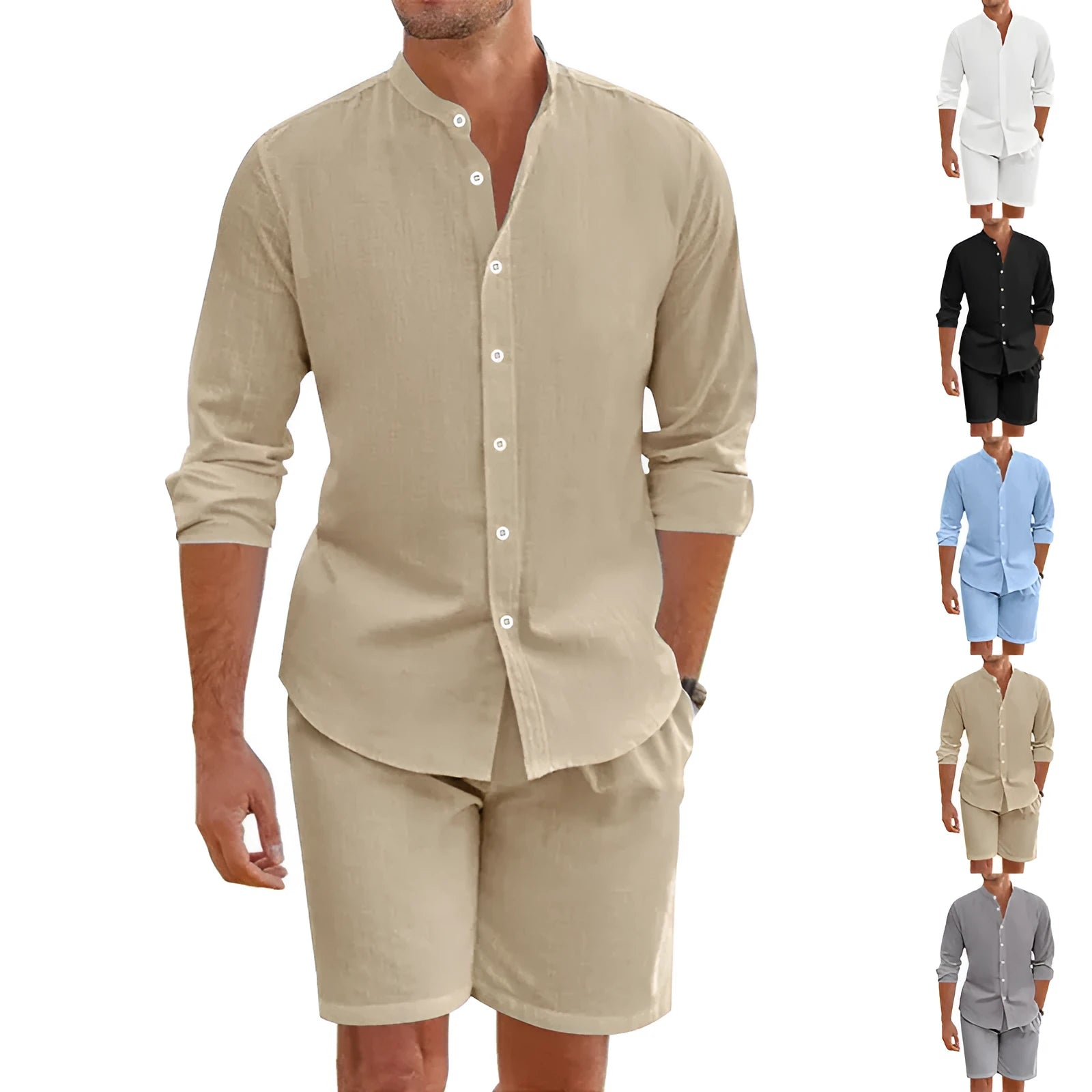 Men's dark grey linen blend short sleeve shirt and drawstring shorts set laid flat.