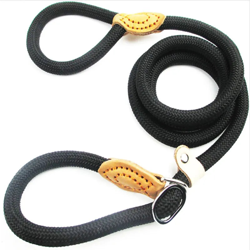 Brown dog leash with nylon P chain handle and rope section, 2.1 metres long