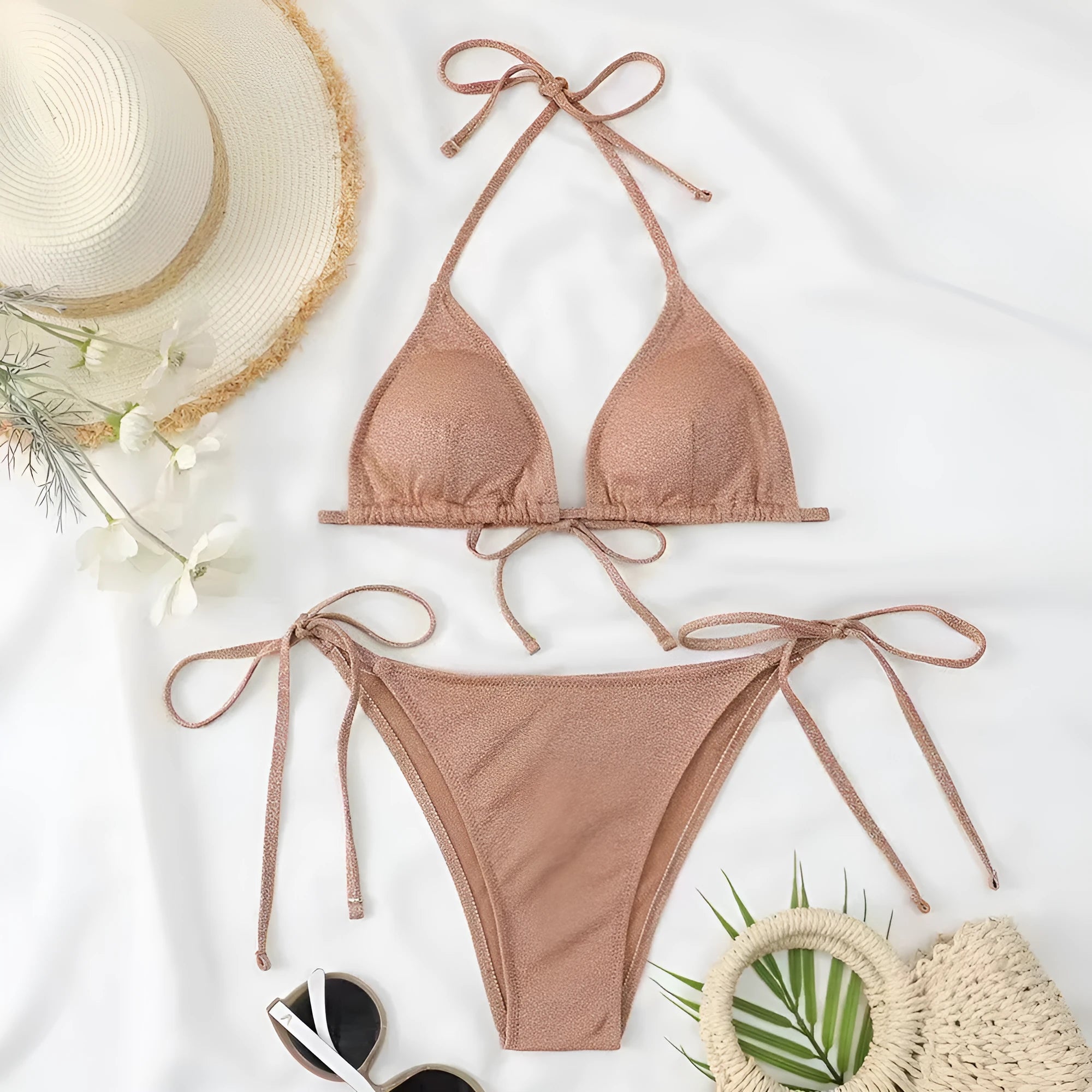 Women's bandage bikini swimsuit set in polyester available in six colours with detailed sizing chart