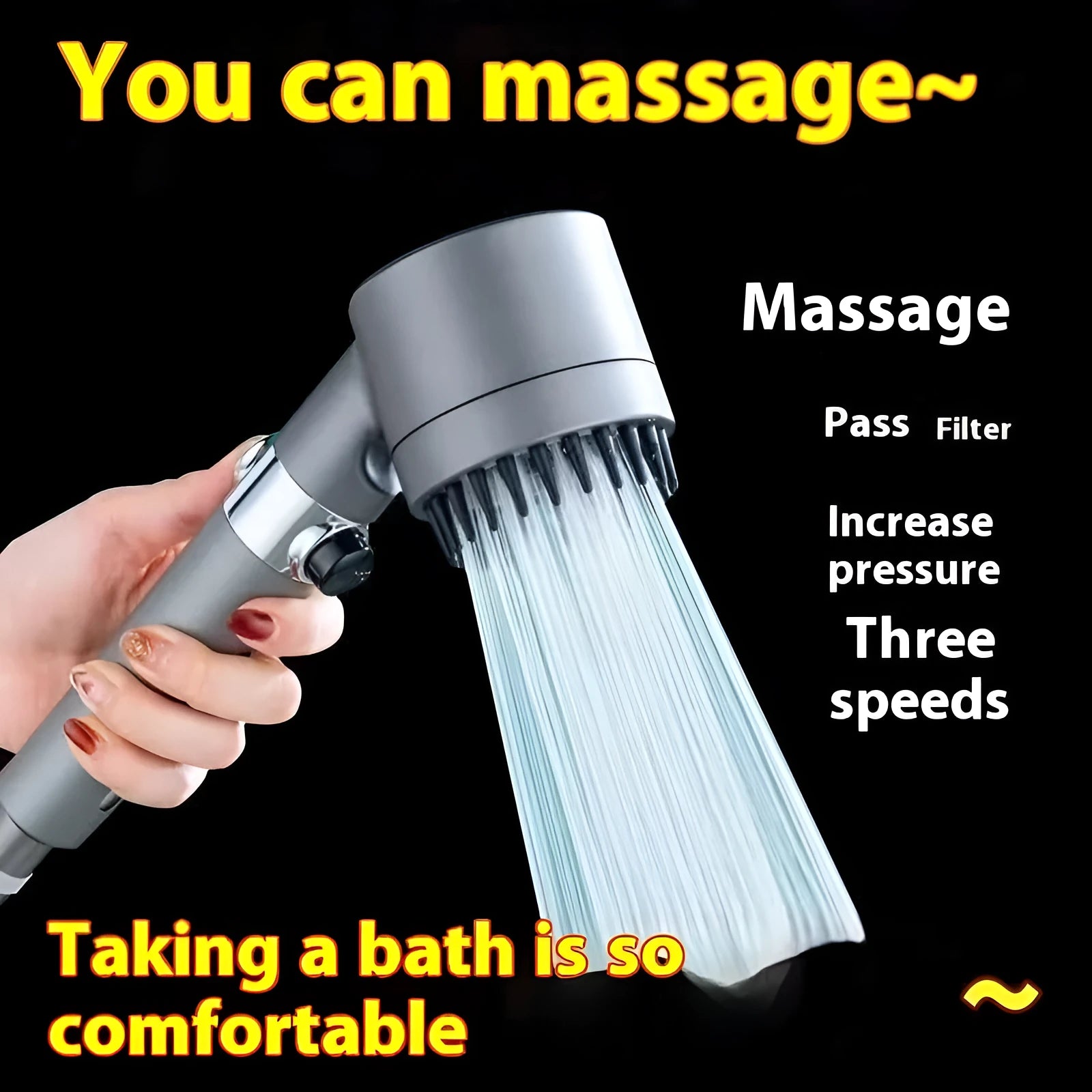 Portable ABS plastic shower head with three-setting dial for spray, massage, and rainfall modes.