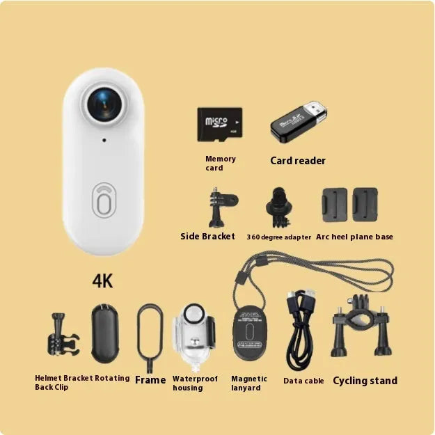 H88 thumb-sized 4K mini sports camera with magnetic mount and waterproof case on a black background