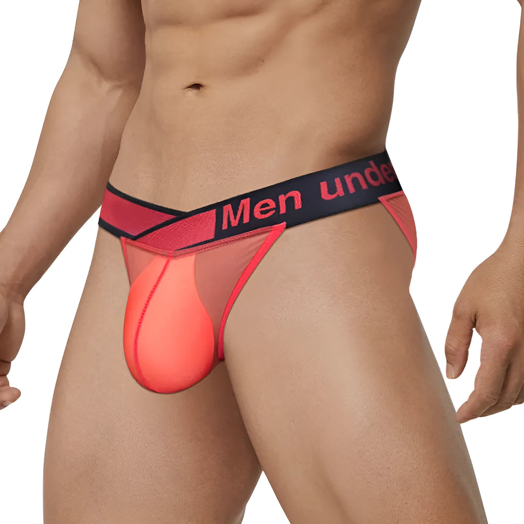 Men's black ice silk nylon briefs with low waist and V-gradient high fork design on a white background.