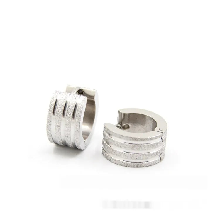 Korean style three-line frosted geometric earrings in titanium steel