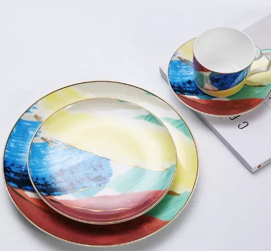 Watercolour dessert plate with real gold edge, 10.5 inch bone china porcelain, pink colour