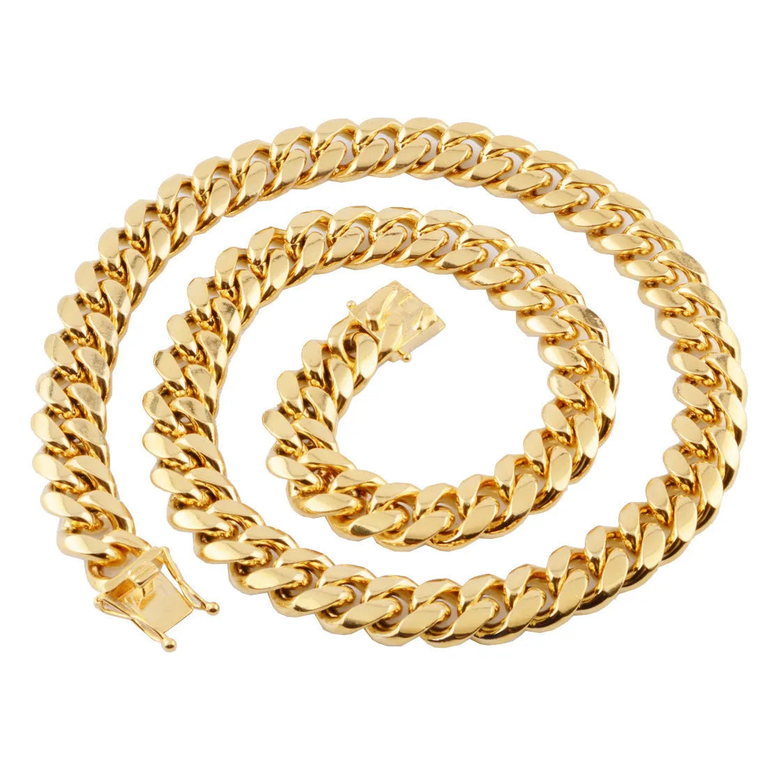Gold stainless steel Miami Cuban link chain 12mm width on a white background