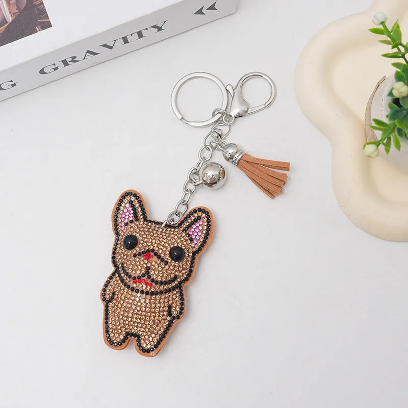French dog cartoon rhinestone keychain pendant in caramel colour with alloy electroplating