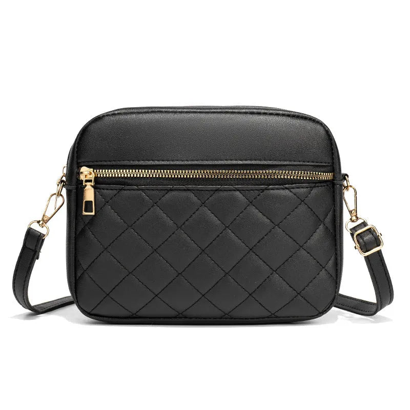 PU leather crossbody bag in horizontal square shape with large-capacity, diamond mesh and stitching details, available in white, black, pink