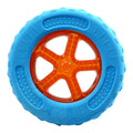 Set of three TPR dog toys: a red ball, blue barbell, and orange tyre on a blue background.