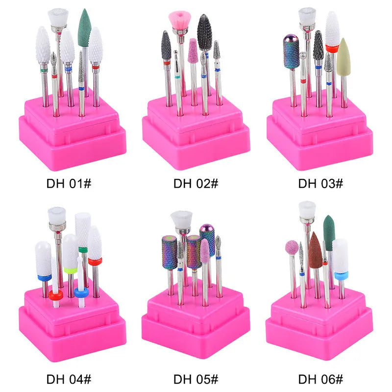 Tungsten steel nail drill polishing head set with 7 bits and a brush in a transparent case.