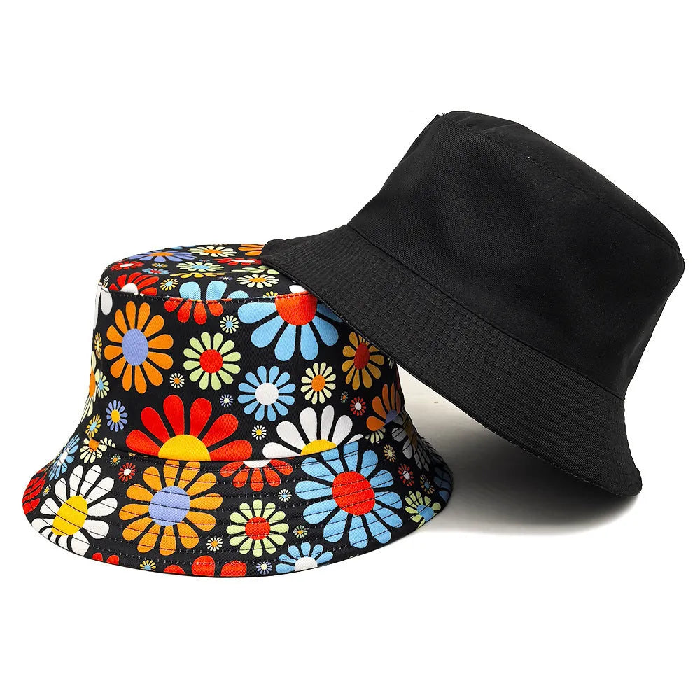 Colourful flower print polyester bucket hat with dome crown