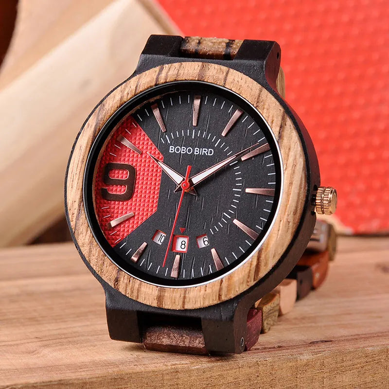BOBO BIRD Q13 men's wooden watch black red natural wood case 44mm