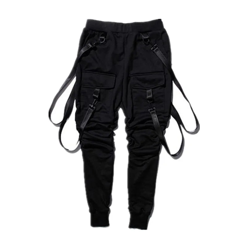 Black cotton blend men's hip hop pencil sweatpants with belt lying flat