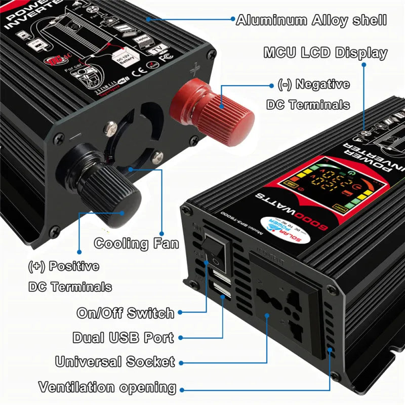 500W car inverter with dual USB ports, smart display, black, 16.5 x 11.2 x 5.6 cm