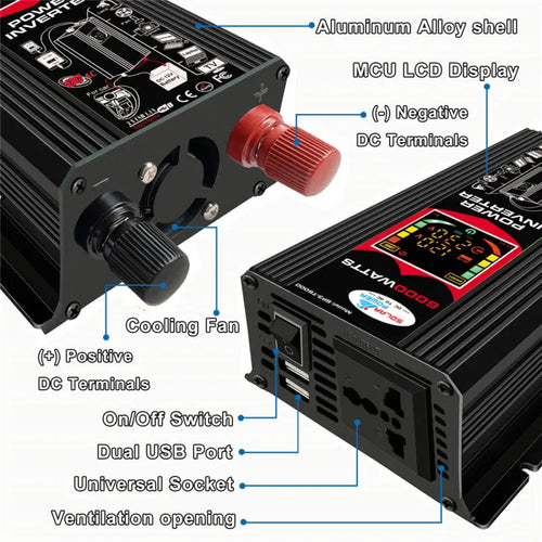 500W car inverter with dual USB ports, smart display, black, 16.5 x 11.2 x 5.6 cm