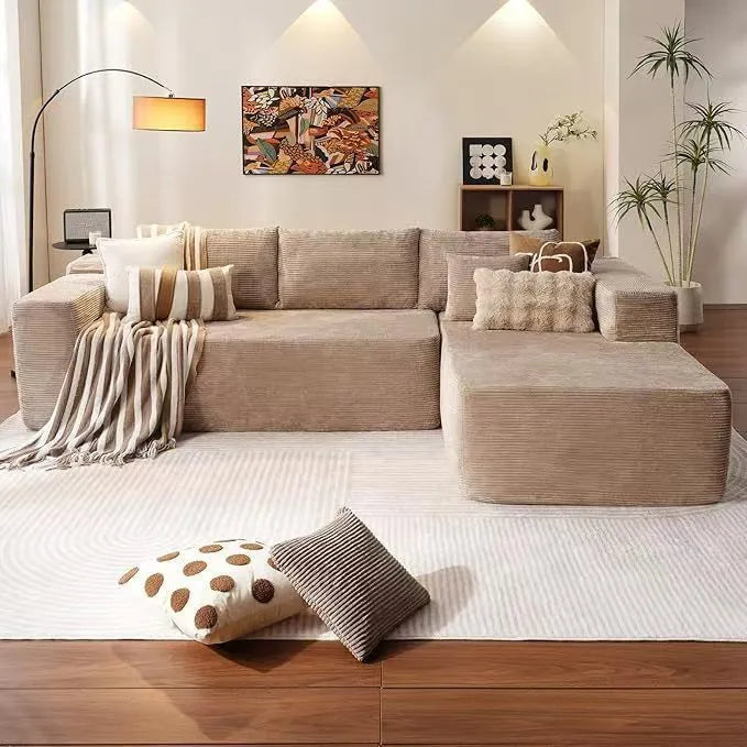 Modern minimalist flannel sofa in beige colour, no assembly required, for living room or office use
