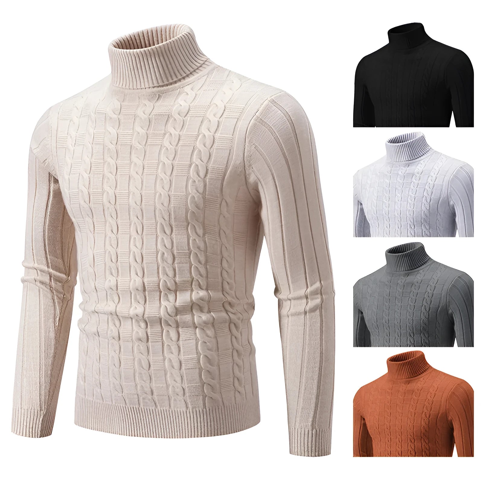 Men's slim twist turtleneck pullover sweater in chenille fabric displayed in multiple colour options