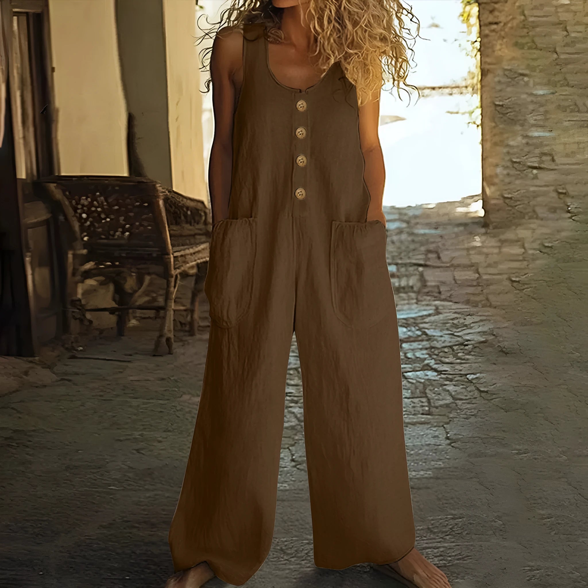 Sleevelwide leg cotton jumpsuit in Art retro style with pockets in various colours
