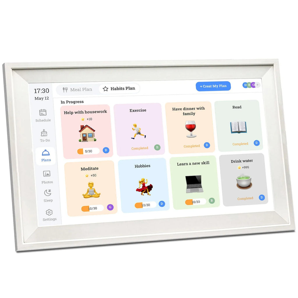 White 15.6 inch smart digital photo frame showing family photographs on HD screen