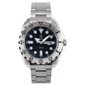 Waterproof men's sports watch with luminous quartz movement showing blue dial and steel strap option
