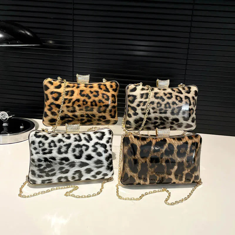 Leopard-print square PU handbag with internal phone pocket, in black and brown colour options