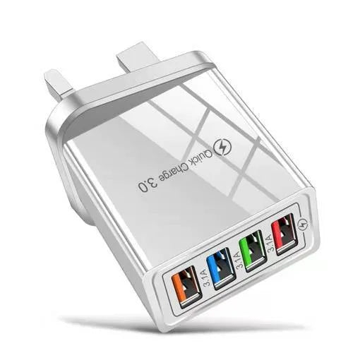 Multi-port USB charging head with four ports, PC+ABS housing in black, white, and blue options