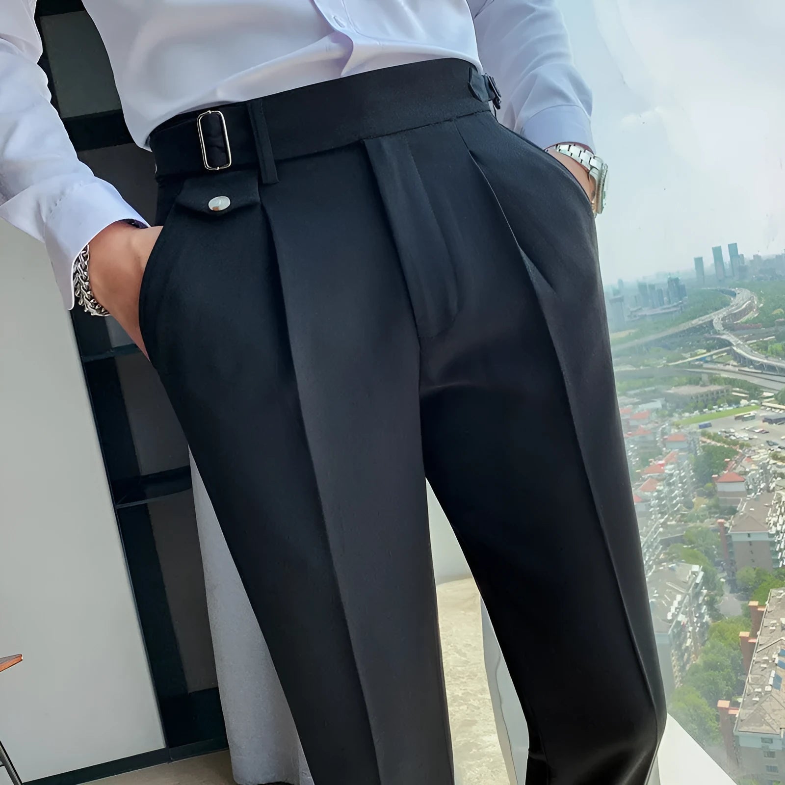 Straight leg casual trousers in solid colours on a size chart background.