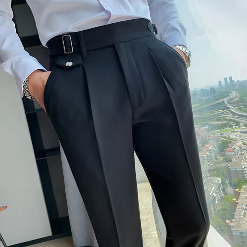 Straight leg casual trousers in solid colours on a size chart background.