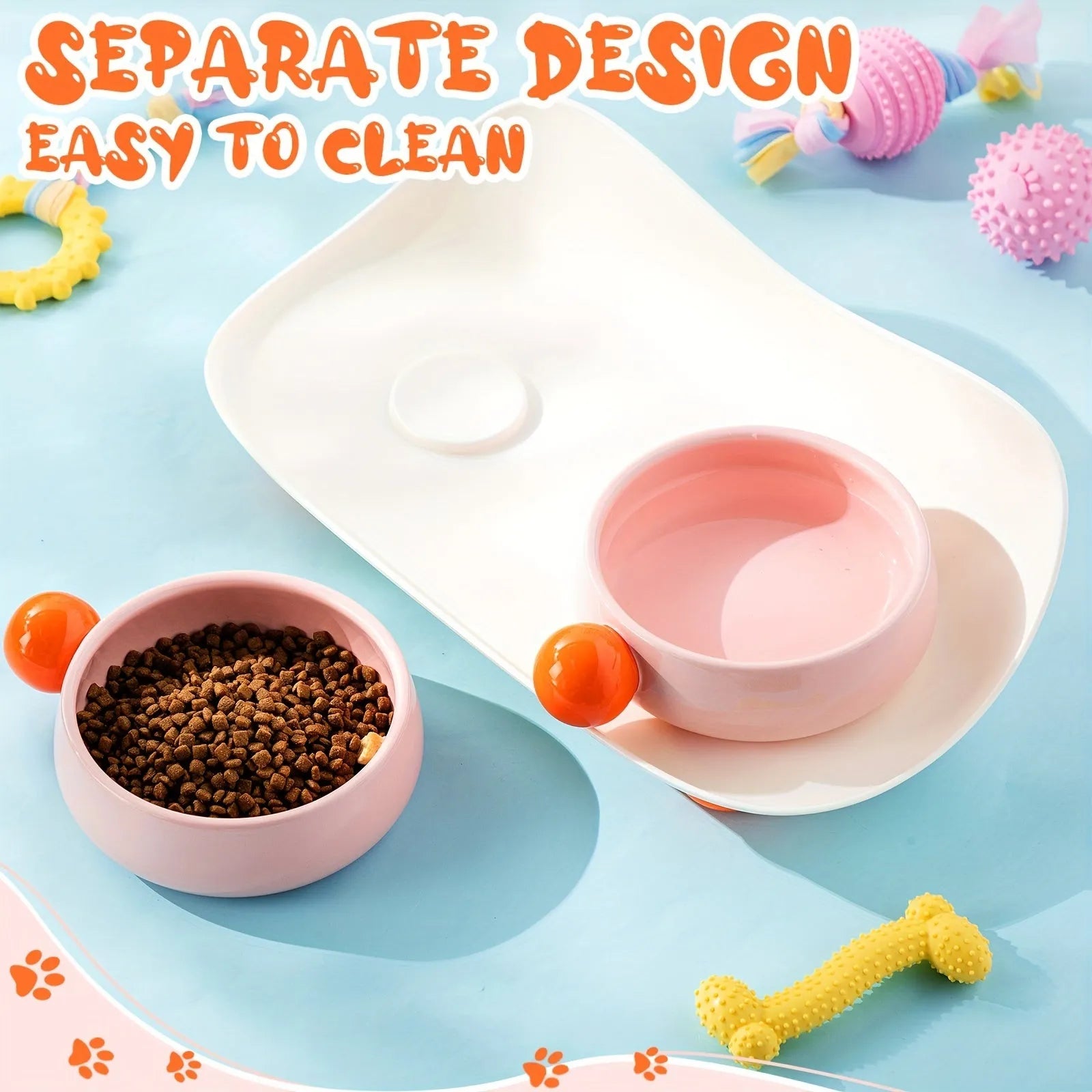 Raised ceramic double pet feeding bowl in pink, yellow, and pink yellow on a non-slip stand.