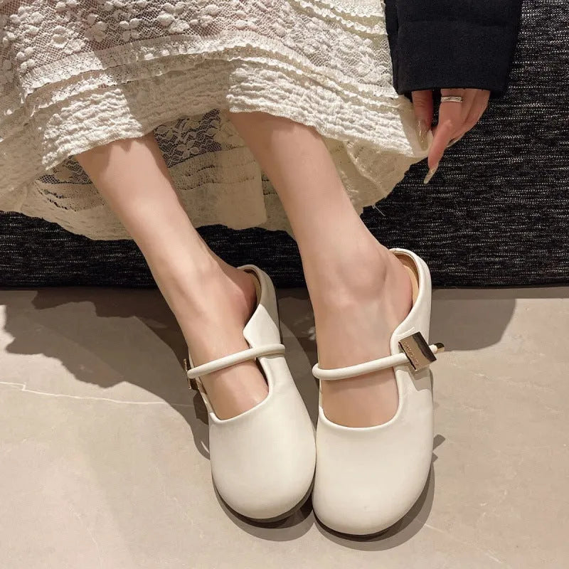 Women's wild square buckle toe cap semi slipper slip-on shoe with PVC upper in khaki colour