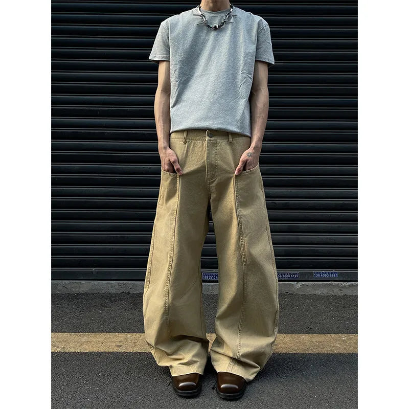 Men's khaki coloured straight-leg cotton casual trousers laid flat