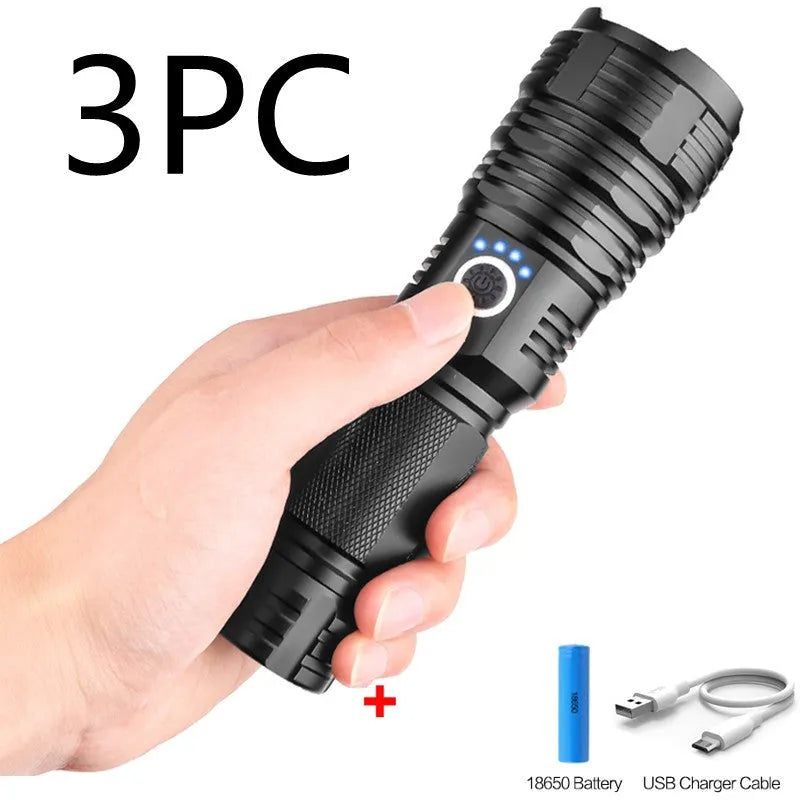 P70 USB charging outdoor flashlight with XHP 70 LED and telescopic zoom in aluminium alloy body