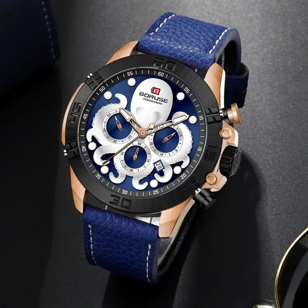 Octopus men's luminous quartz watch with waterproof casual design, blue or black surface