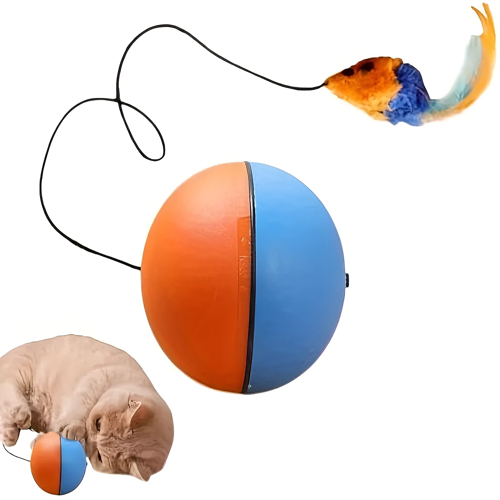 Blue and orange interactive cat toy ball with plush mouse interior and feather wand teaser for feline exercise