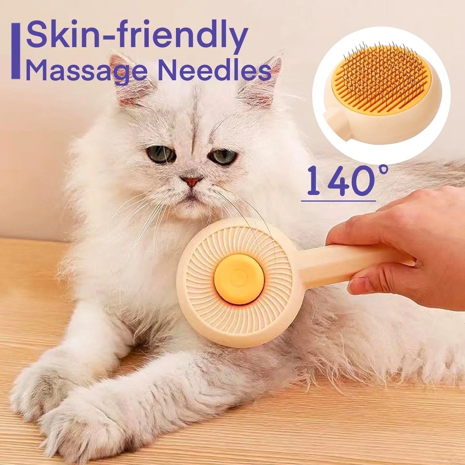 Blue pet grooming brush with self-cleaning button and angled metal pins for cats and dogs